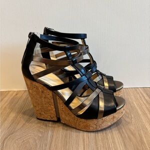 Jimmy Choo Two Tone Leather Pascal Cork Wedge Sandals Black Gold Size 38